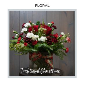 Image of the Traditional Christmas floral arrangement by Trig's Floral and home designers.