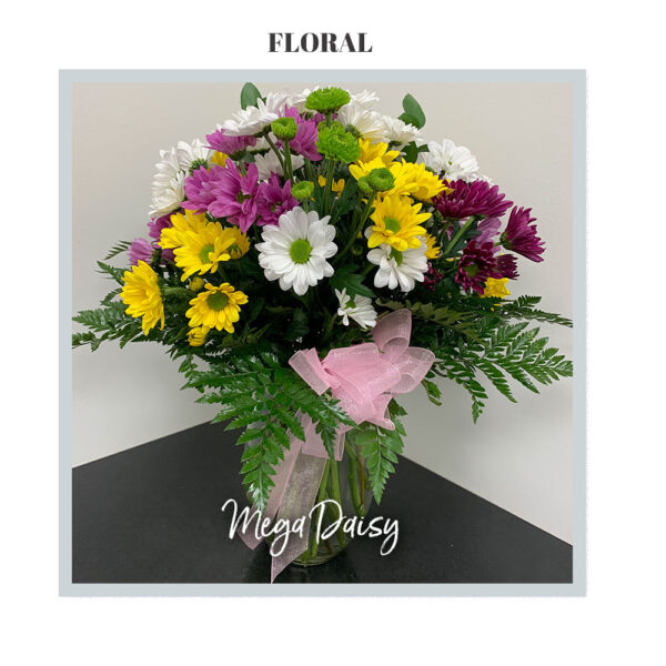 Image of the deluxe Mega Daisy arrangement by Trig's Floral and Home.