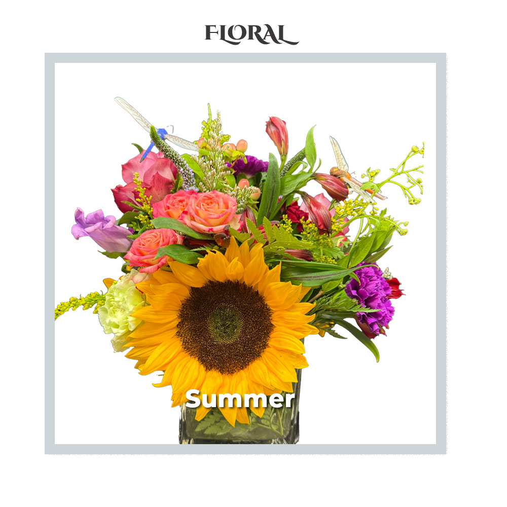 Image of the Deluxe Summer cube arrangement by Trig's Floral and Home.